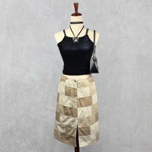 Vintage 90s Light Tan Khaki 100% Cotton Patchwork Knee Length Skirt